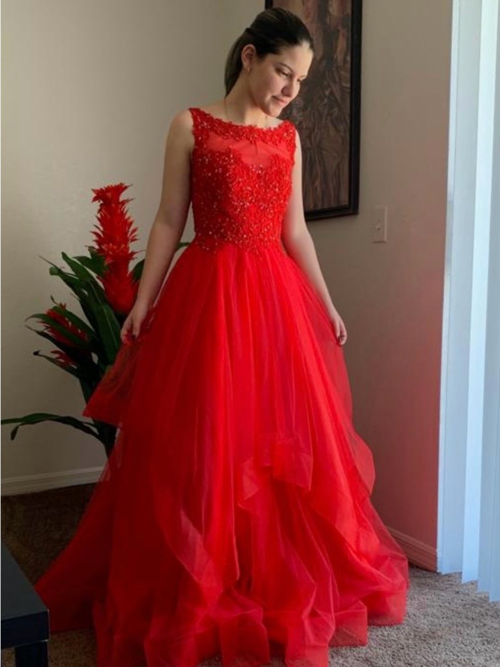 Red Beaded Tulle Prom Dress with Illusion Neckline